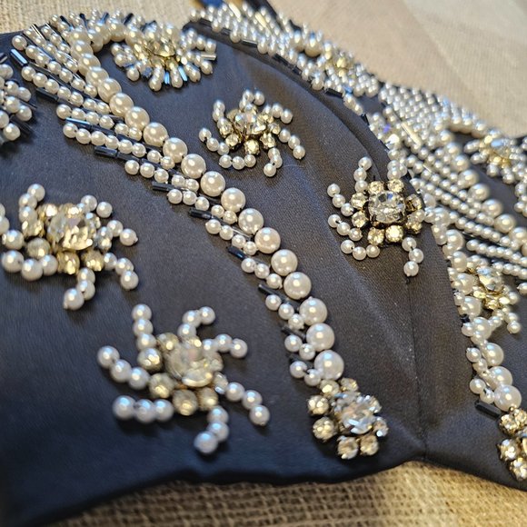 y2k McBling Glam Goth Coastal Summery Formal Pearl Beaded Cropped Halter Top - Picture 3 of 13